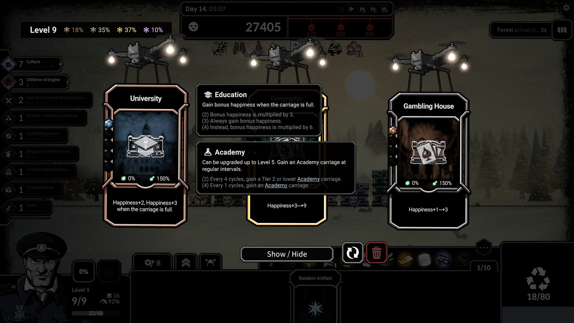 Official Frostrain 2 screenshot showing carriage and synergy information during a frozen train run